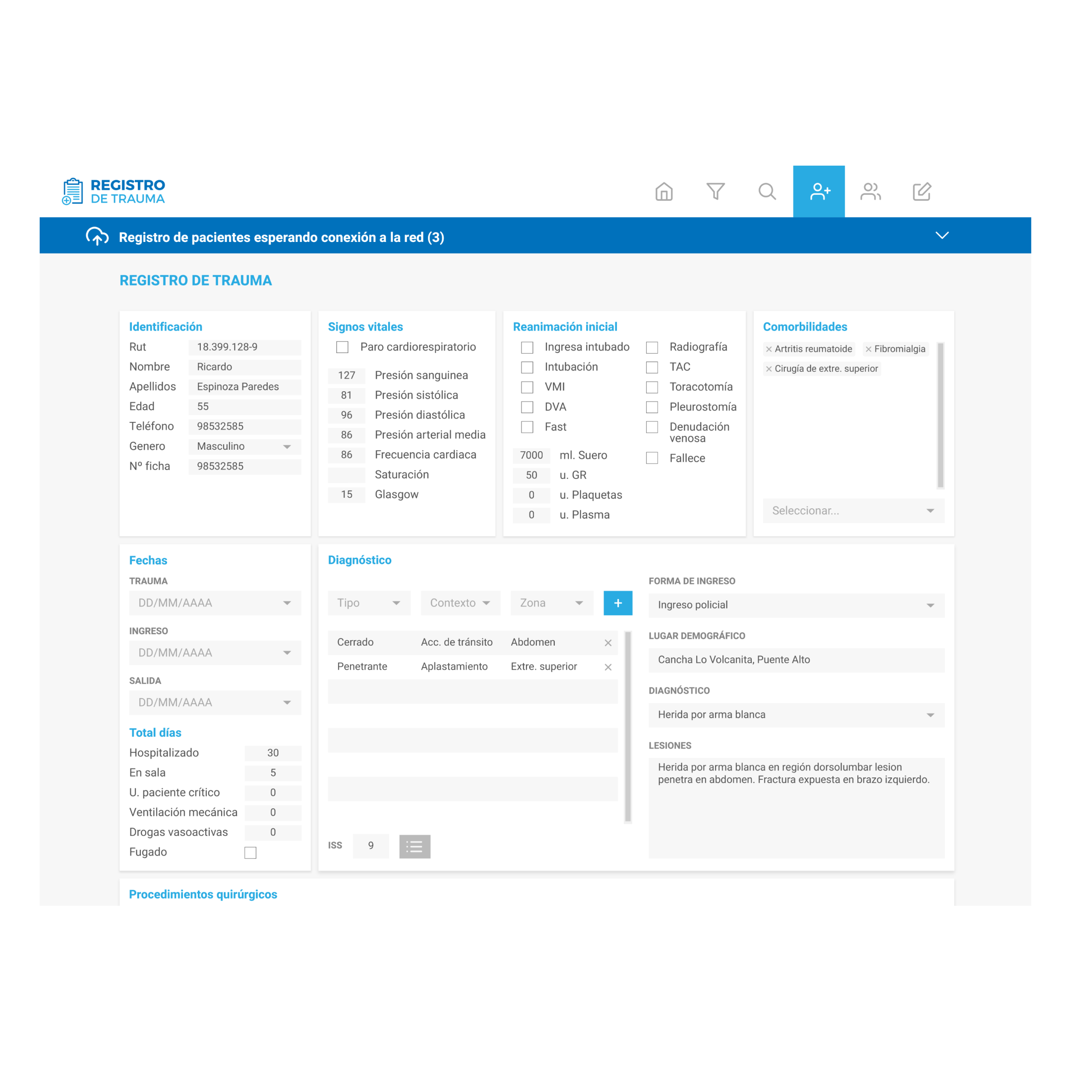 Detalle de sistema estandarizado de registro de pacientes e intervenciones.